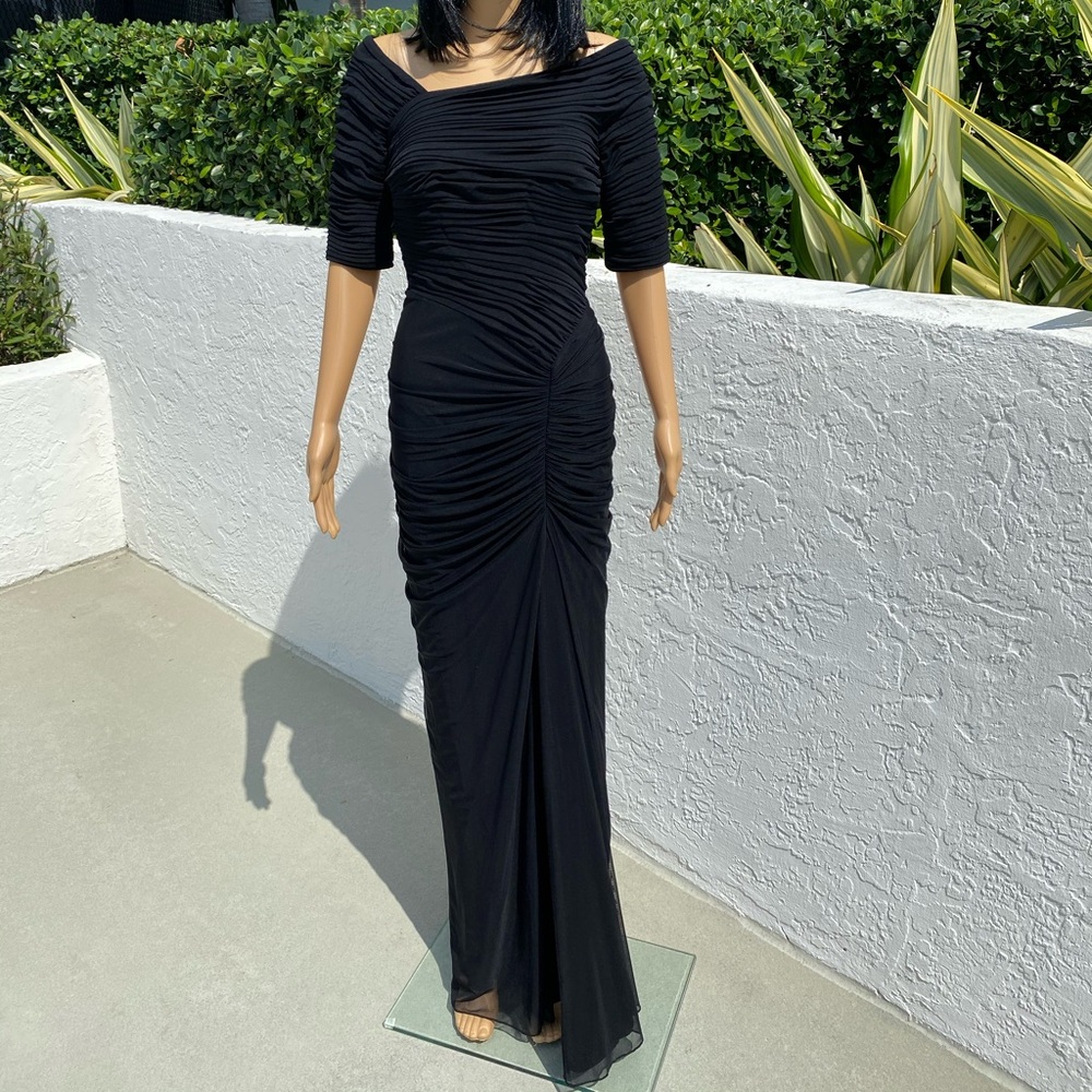 Tadashi Shoji Black Asymmetric Ruched Sleeve Gown.